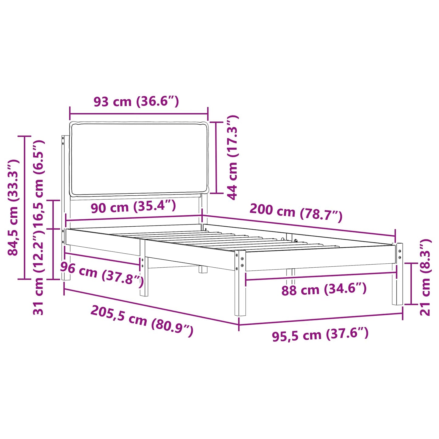 Ágykeret Kárpitozott Fejtámlával Fekete 90 x 200 cm Tömör fenyő