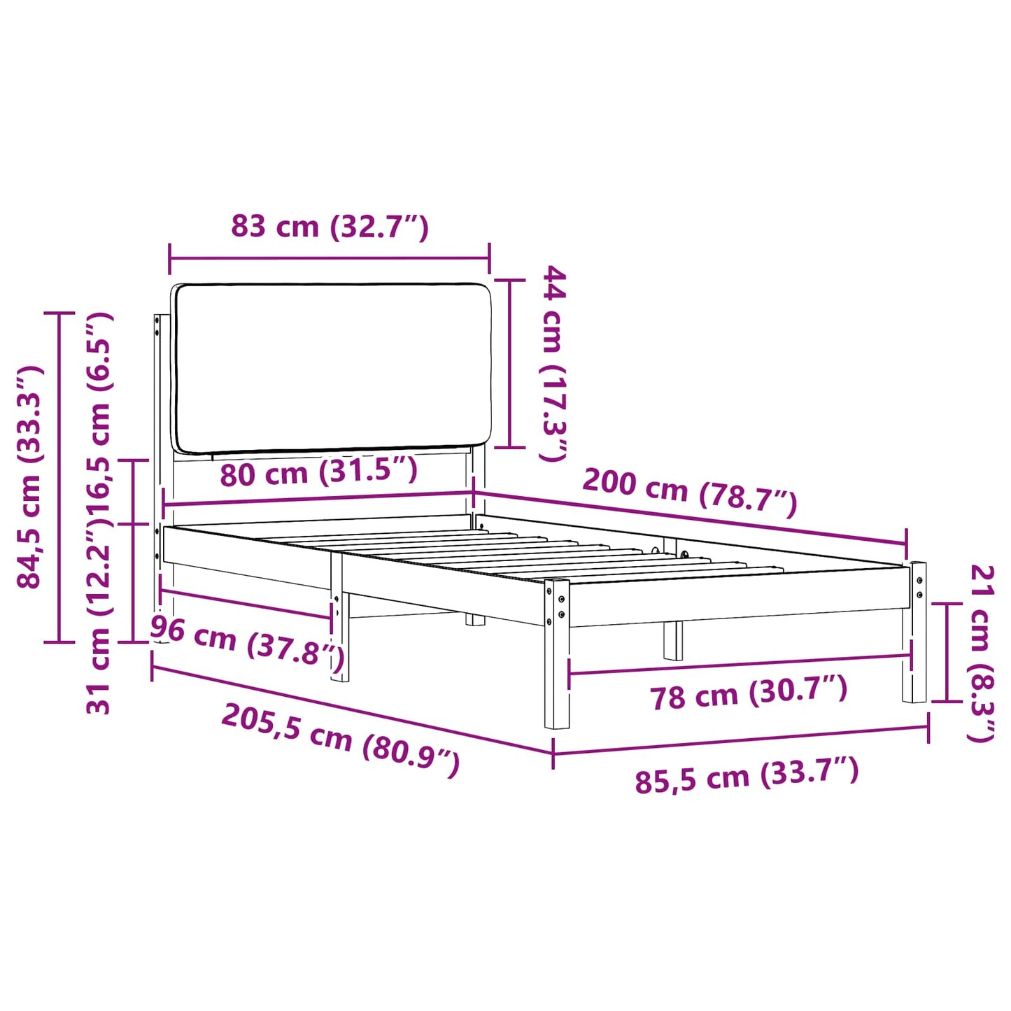 Ágykeret Kárpitozott Fejtámlával fejtámlával Fekete 80 x 200 cm