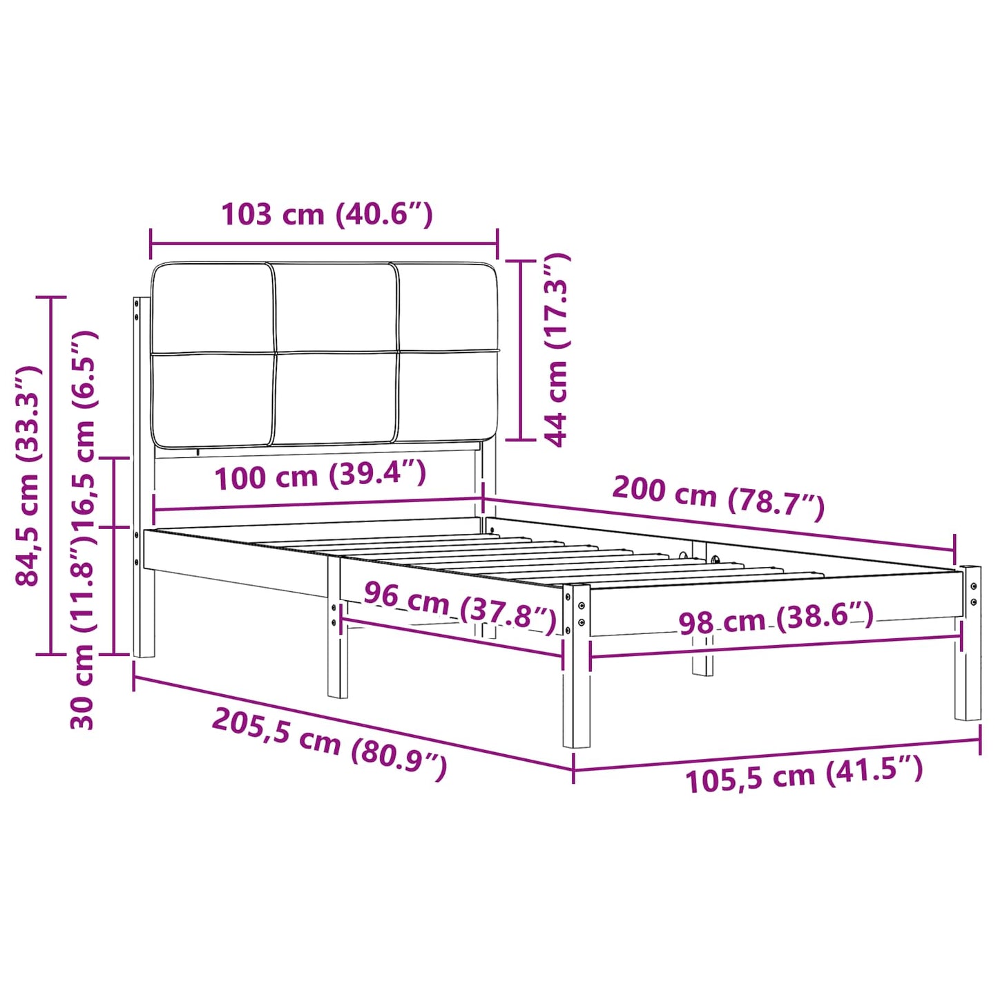 Ágykeret Kárpitozott Fejtámlával Tópszínű 100 x 200 cm