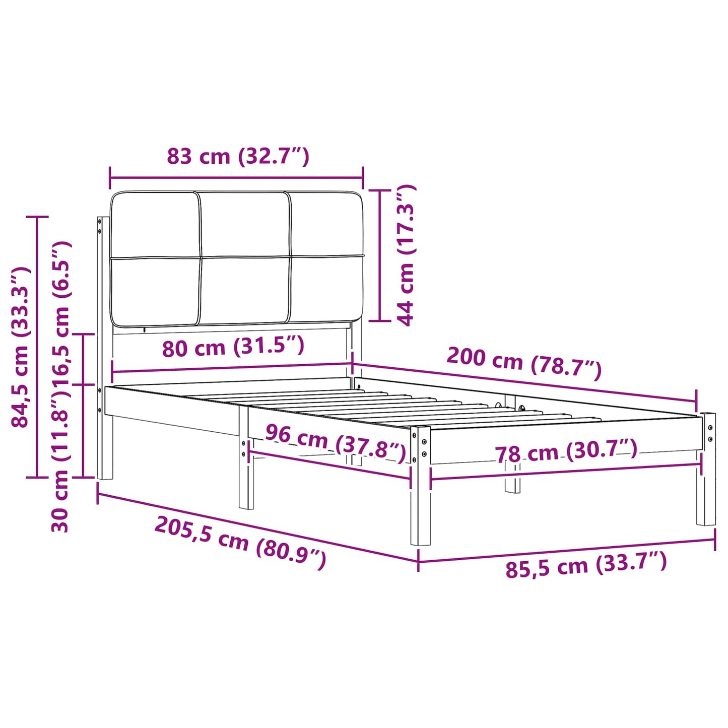 Ágykeret Kárpitozott Fejtámlával Sötétszürke 80 x 200 cm
