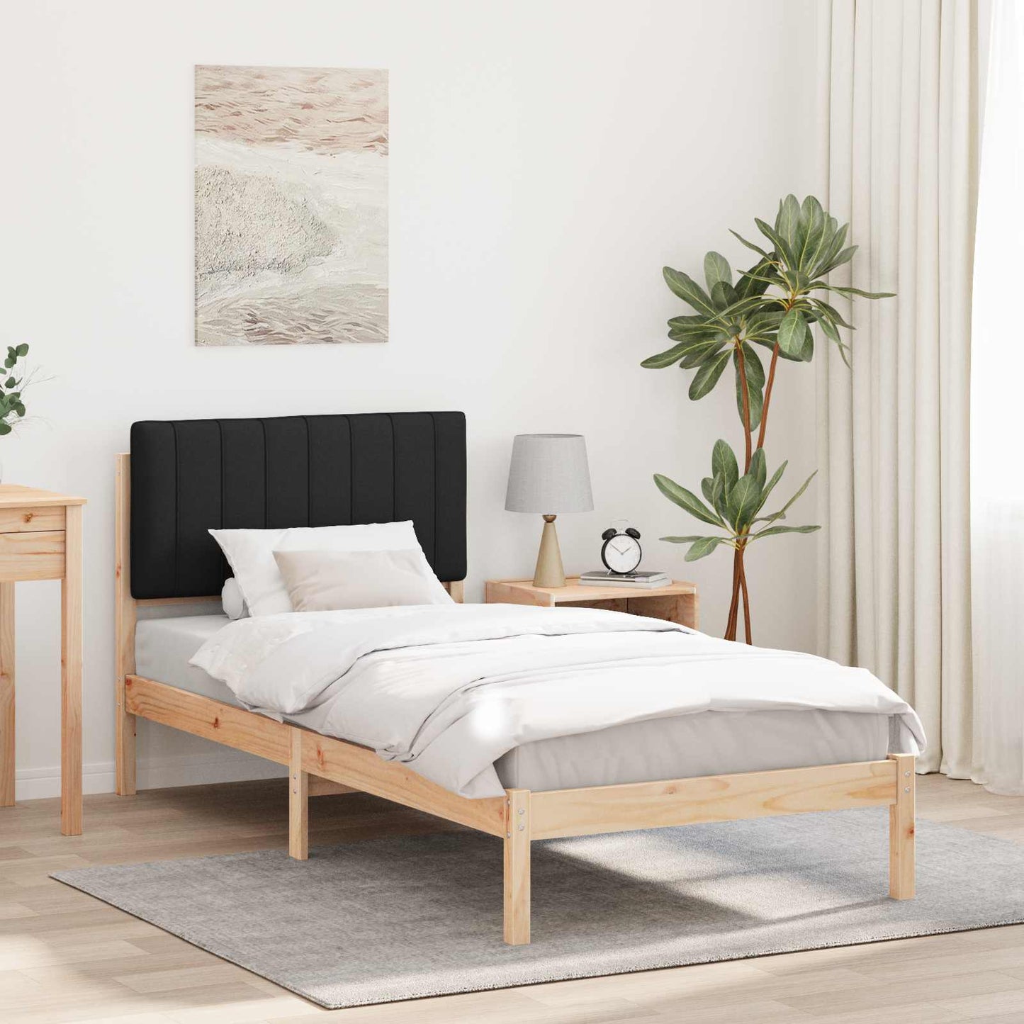 Ágykeret Kárpitozott Fejtámlával Fekete 90 x 190 cm Tömör fenyő
