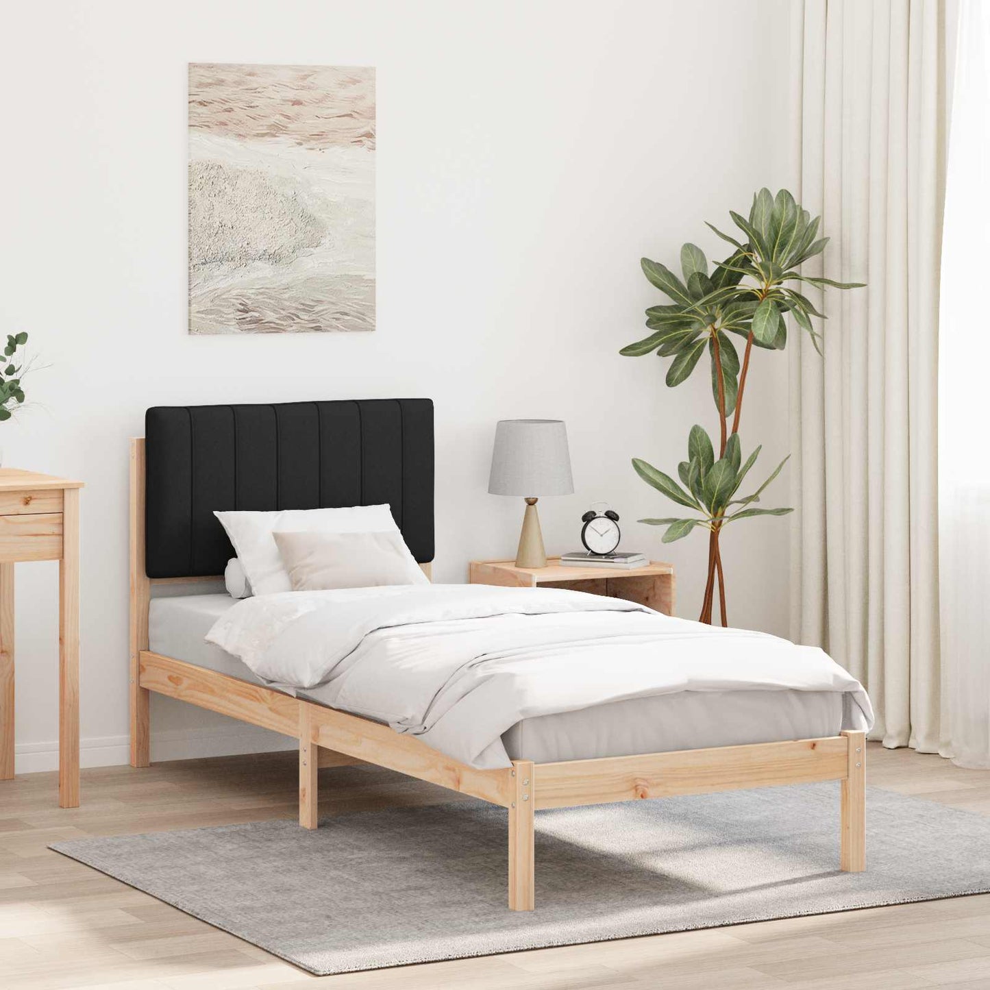 Ágykeret Kárpitozott Fejtámlával Fekete 75 x 190 cm Tömör fenyő