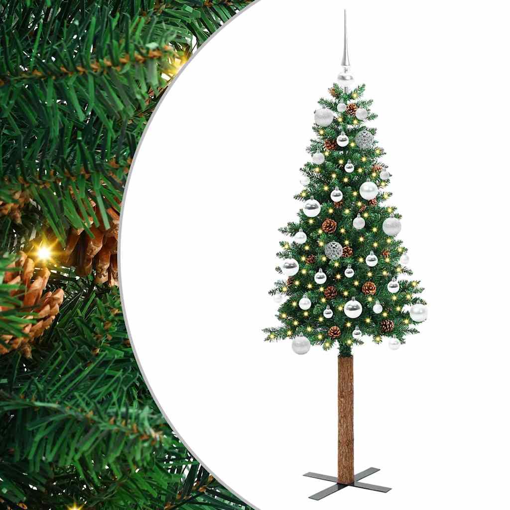 Karcsú karácsonyfa 150 LED-del Zöld 150 cm PVC és tömör fenyőfa