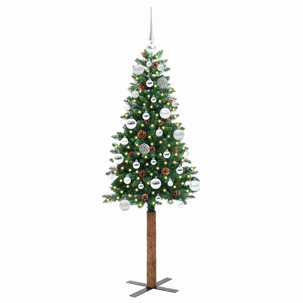 Karcsú karácsonyfa 150 LED-del Zöld 150 cm PVC és tömör fenyőfa