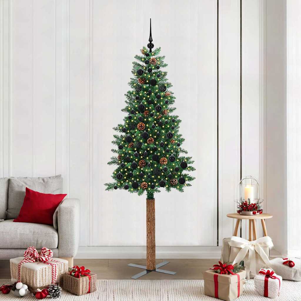 Karcsú karácsonyfa 300 LED-del Zöld 210 cm PVC és tömör fenyőfa