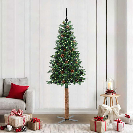 Karcsú karácsonyfa 300 LED-del Zöld 210 cm PVC és tömör fenyőfa