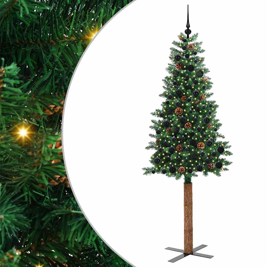 Karcsú karácsonyfa 300 LED-del Zöld 210 cm PVC és tömör fenyőfa
