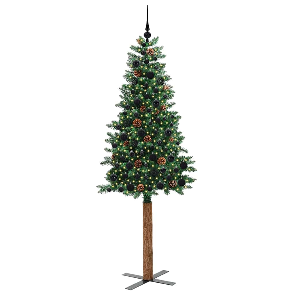 Karcsú karácsonyfa 300 LED-del Zöld 210 cm PVC és tömör fenyőfa