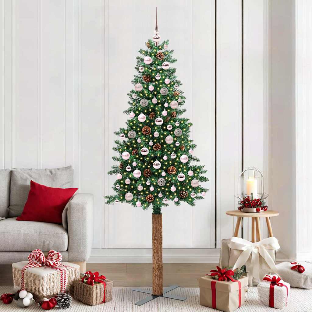 Karcsú karácsonyfa 300 LED-del Zöld 210 cm PVC és tömör fenyőfa