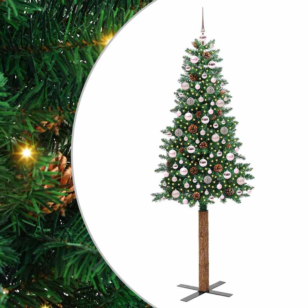 Karcsú karácsonyfa 300 LED-del Zöld 210 cm PVC és tömör fenyőfa