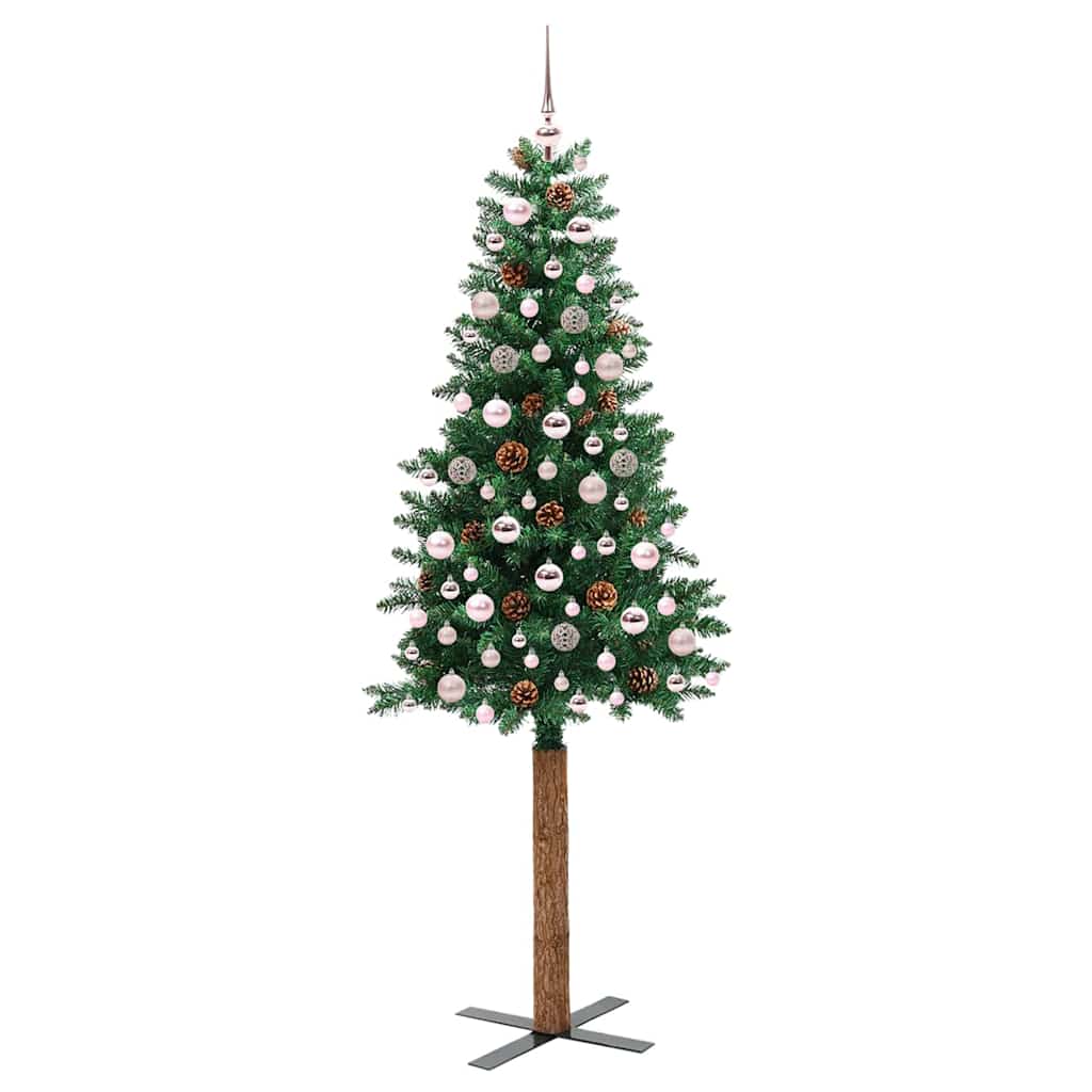 Karcsú karácsonyfa 300 LED-del Zöld 210 cm PVC és tömör fenyőfa