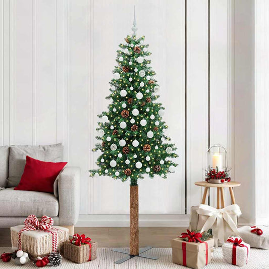 Karcsú karácsonyfa 300 LED-del Zöld 210 cm PVC és tömör fenyőfa
