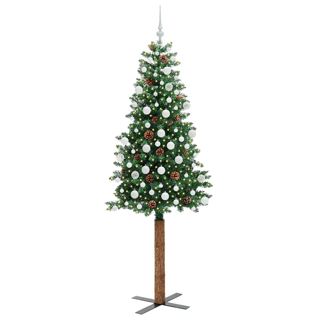 Karcsú karácsonyfa 300 LED-del Zöld 210 cm PVC és tömör fenyőfa
