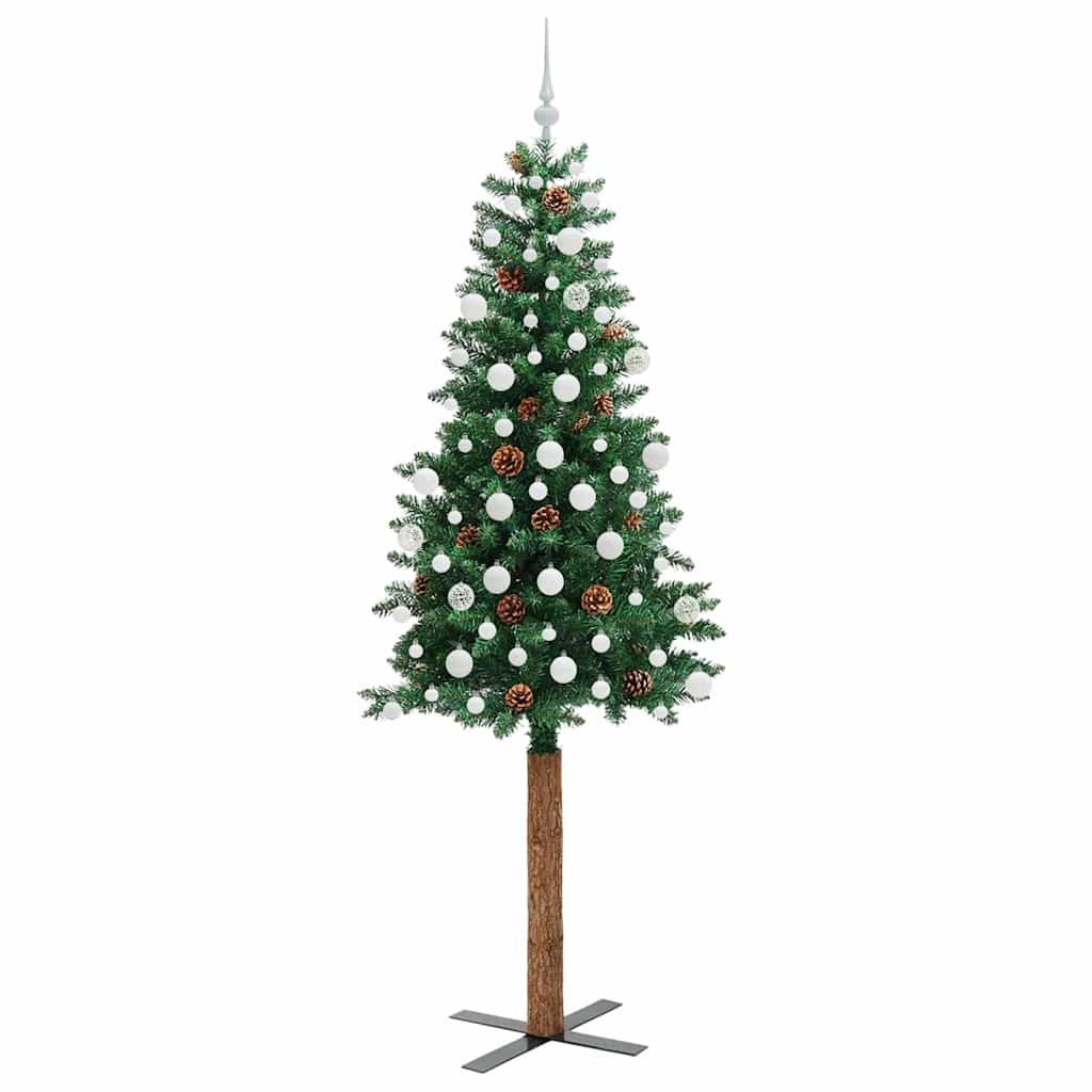 Karcsú karácsonyfa 300 LED-del Zöld 210 cm PVC és tömör fenyőfa