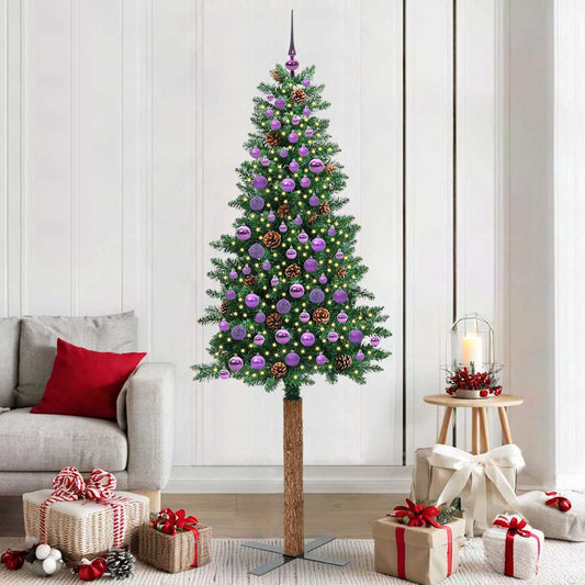 Karcsú karácsonyfa 300 LED-del Zöld 210 cm PVC és tömör fenyőfa