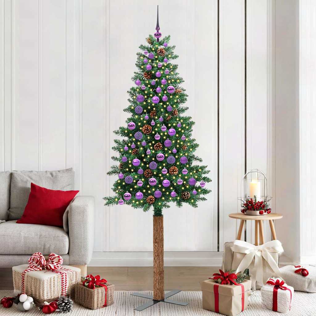 Karcsú karácsonyfa 300 LED-del Zöld 210 cm PVC és tömör fenyőfa