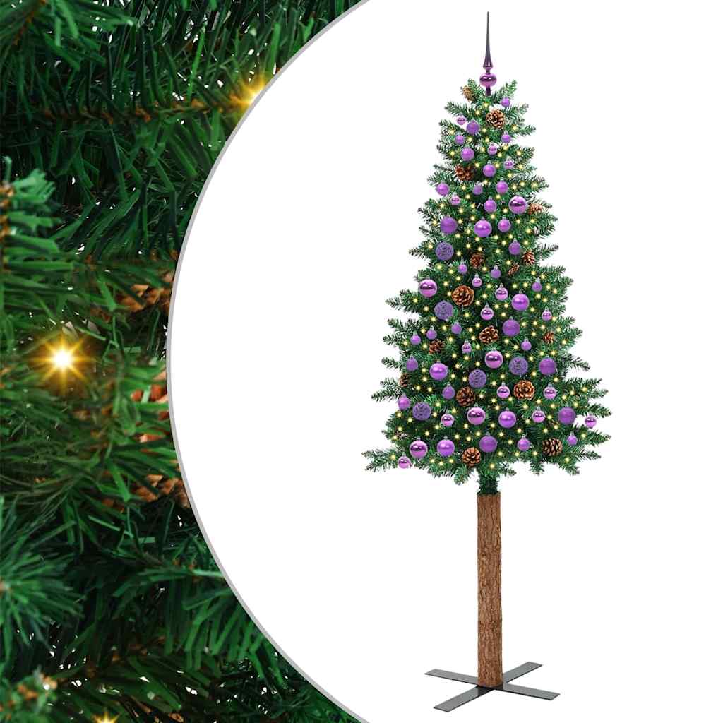 Karcsú karácsonyfa 300 LED-del Zöld 210 cm PVC és tömör fenyőfa