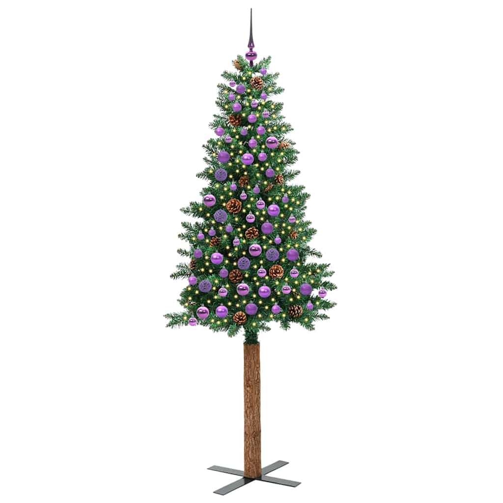 Karcsú karácsonyfa 300 LED-del Zöld 210 cm PVC és tömör fenyőfa
