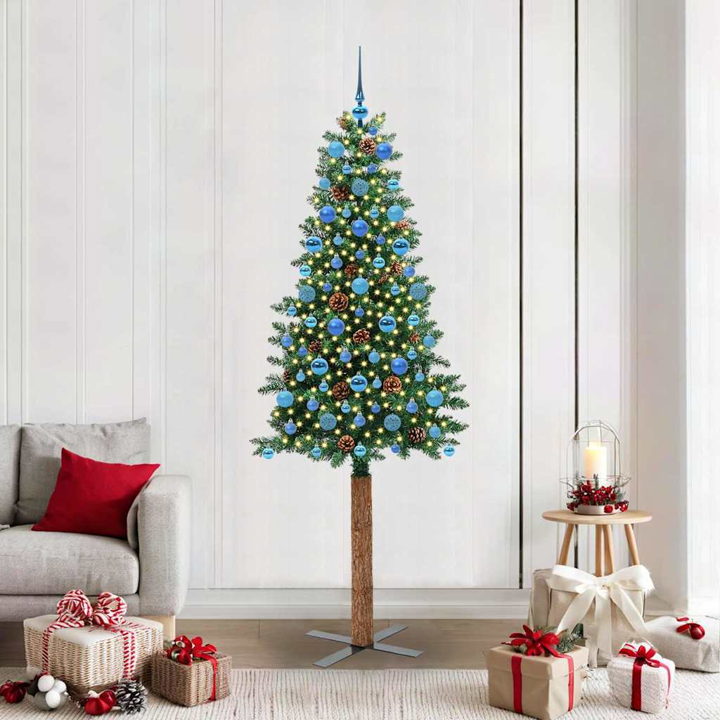 Karcsú karácsonyfa 300 LED-del Zöld 210 cm PVC és tömör fenyőfa