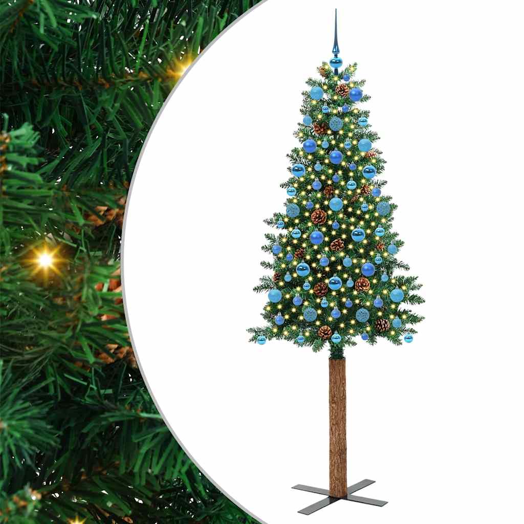 Karcsú karácsonyfa 300 LED-del Zöld 210 cm PVC és tömör fenyőfa