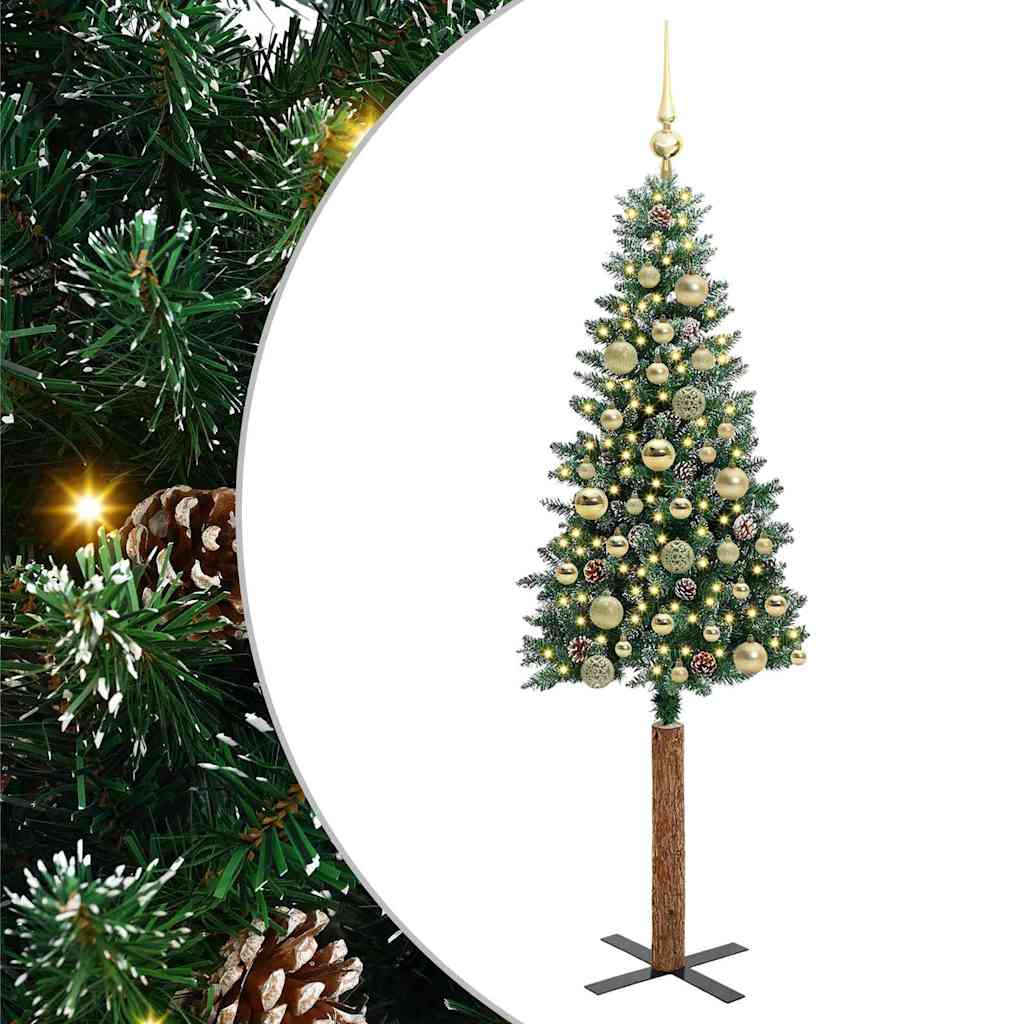 Karcsú karácsonyfa 150 LED-del Zöld 150 cm PVC és tömör fenyőfa