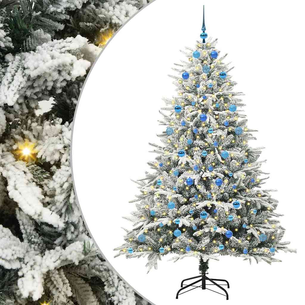 Műfenyő világítással és gömbkészlettel Zöld 210 cm PVC és PE