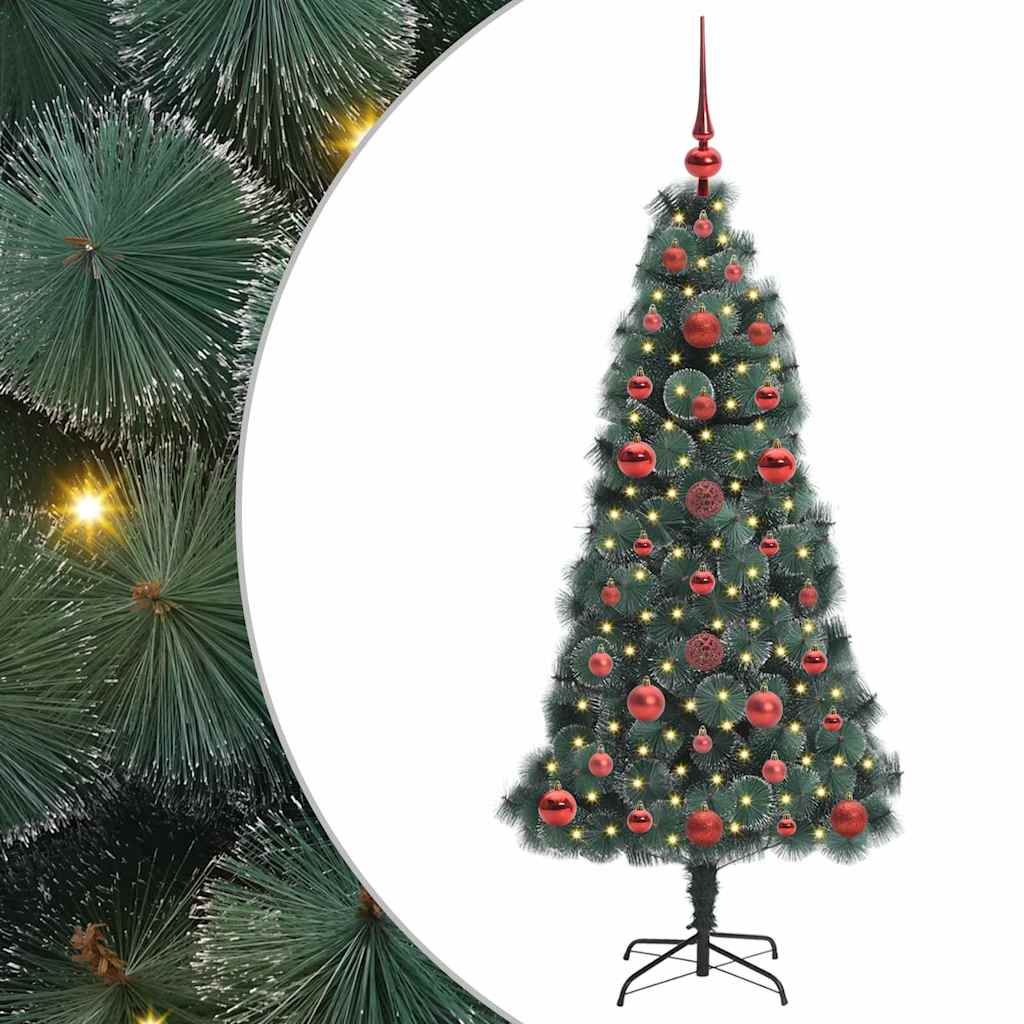 Műfenyő világítással és gömbkészlettel Zöld 120 cm PET