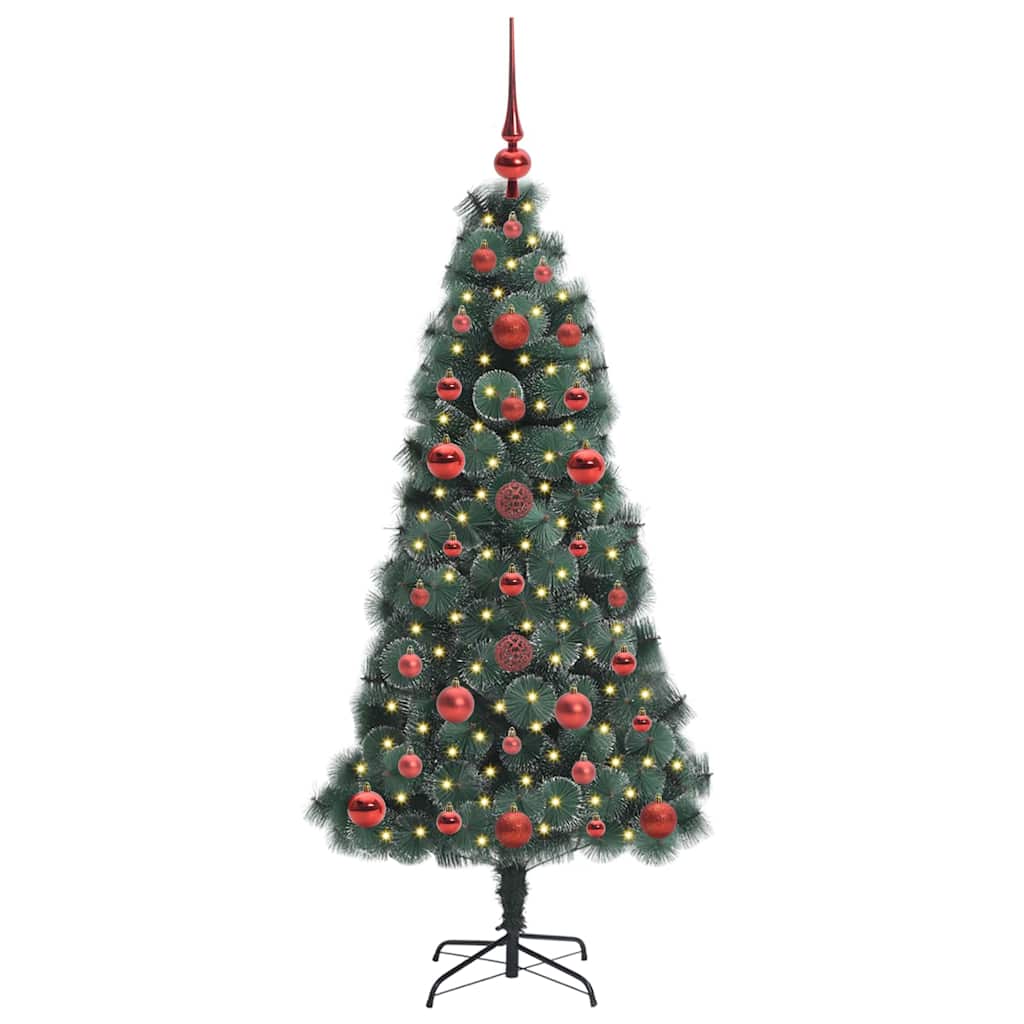 Műfenyő világítással és gömbkészlettel Zöld 120 cm PET