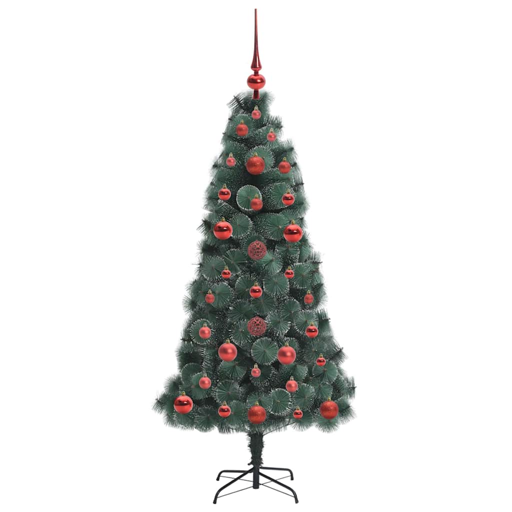 Műfenyő világítással és gömbkészlettel Zöld 120 cm PET