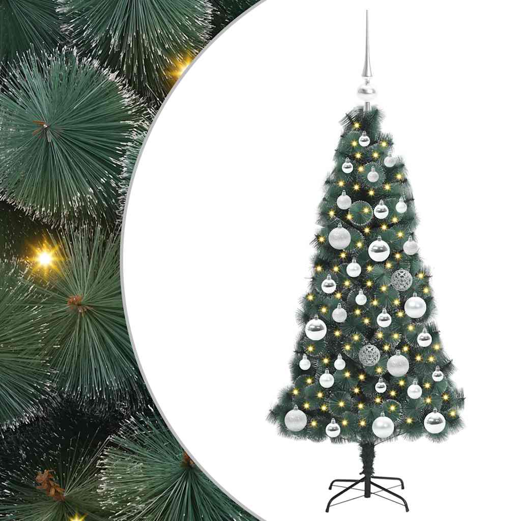 Műfenyő világítással és gömbökkel 150 LED-del Zöld 120 cm PET