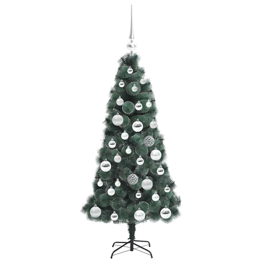 Műfenyő világítással és gömbökkel 150 LED-del Zöld 120 cm PET