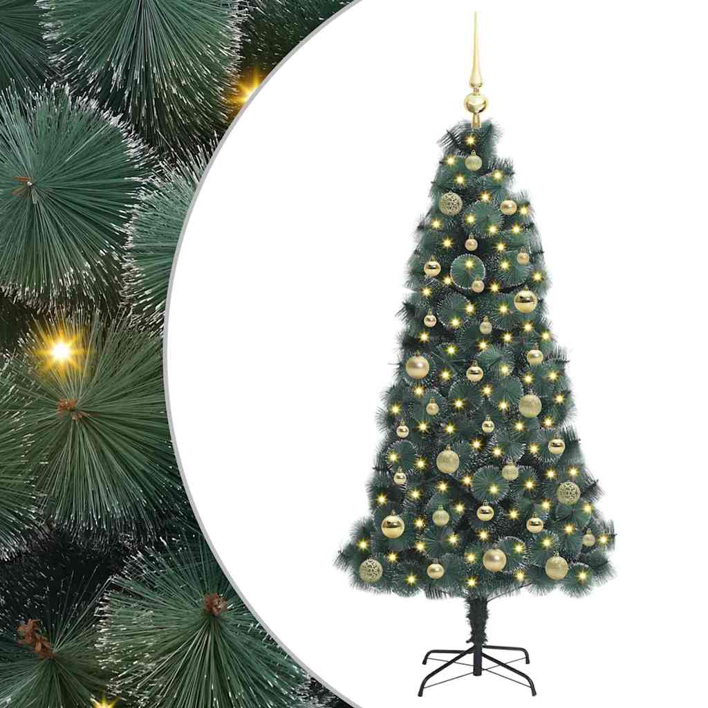 Műfenyő világítással és díszgömb készlettel Zöld 150 cm PET