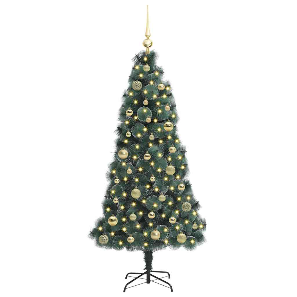Műfenyő világítással és díszgömb készlettel Zöld 150 cm PET