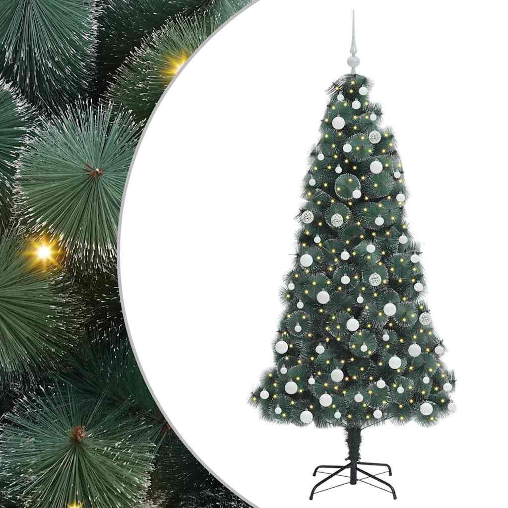 Műfenyő LED világítással és gömbszettel Zöld 180 cm PET