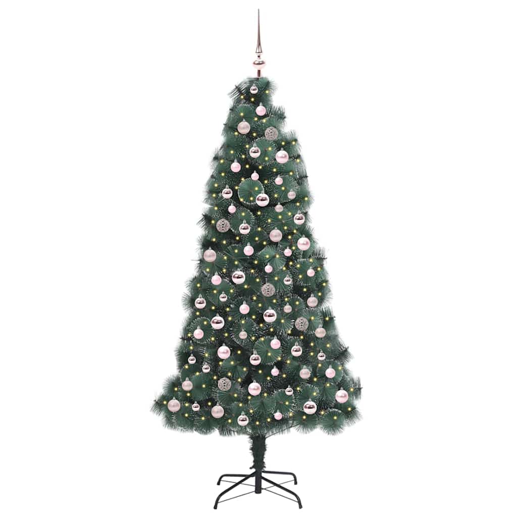 Műfenyő világítással és gömbszettel 300 LED-del Zöld 210 cm PET