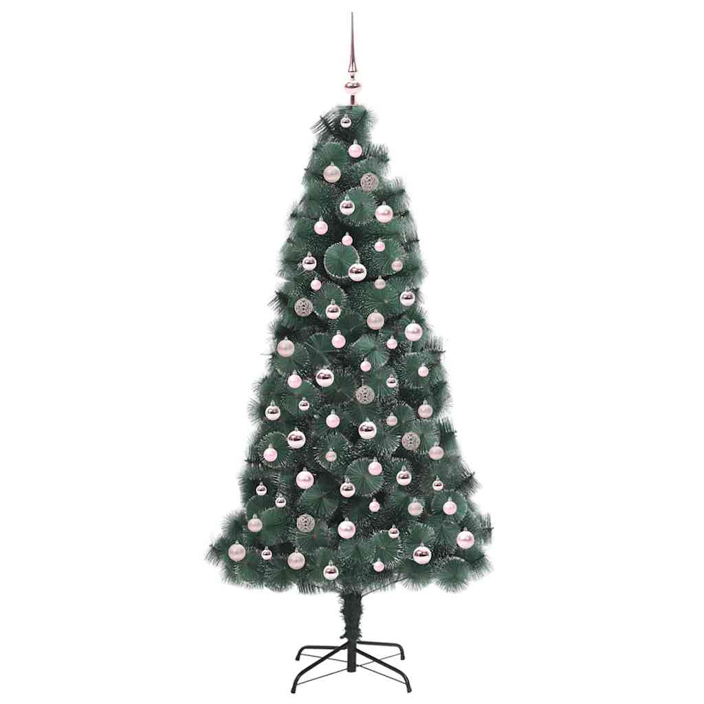 Műfenyő világítással és gömbszettel 300 LED-del Zöld 210 cm PET