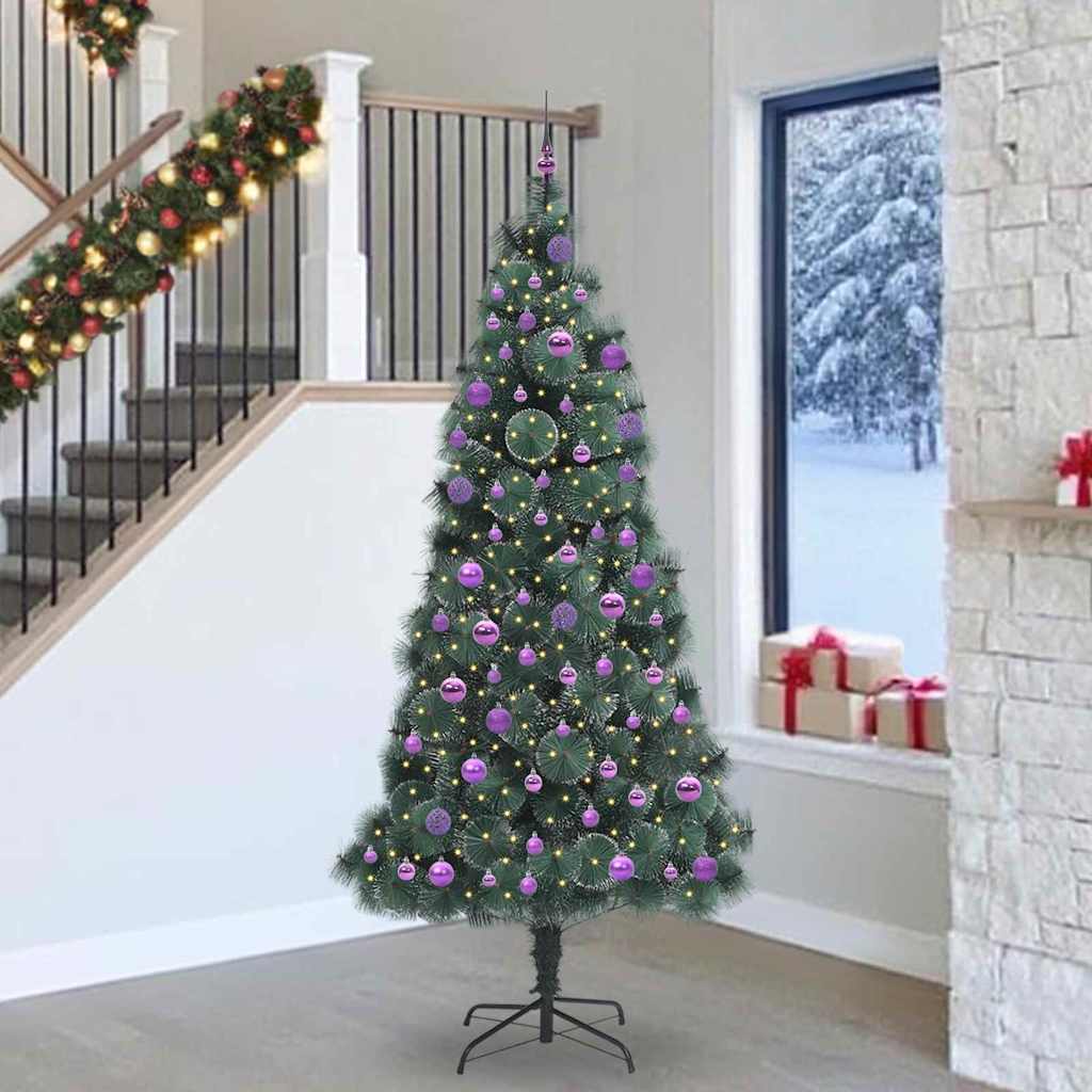 Műfenyő LED világítással, gömbökkel 300 LED-del Zöld 240 cm PET