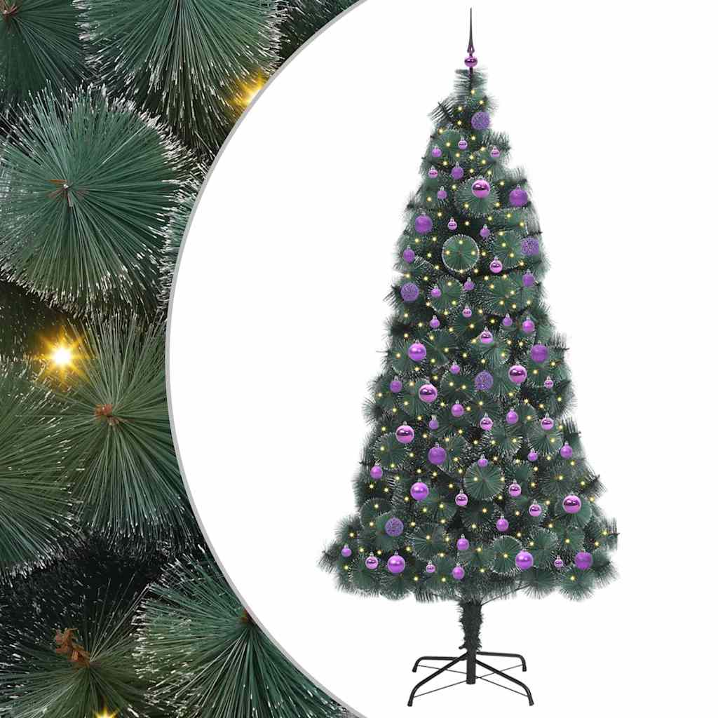 Műfenyő LED világítással, gömbökkel 300 LED-del Zöld 240 cm PET