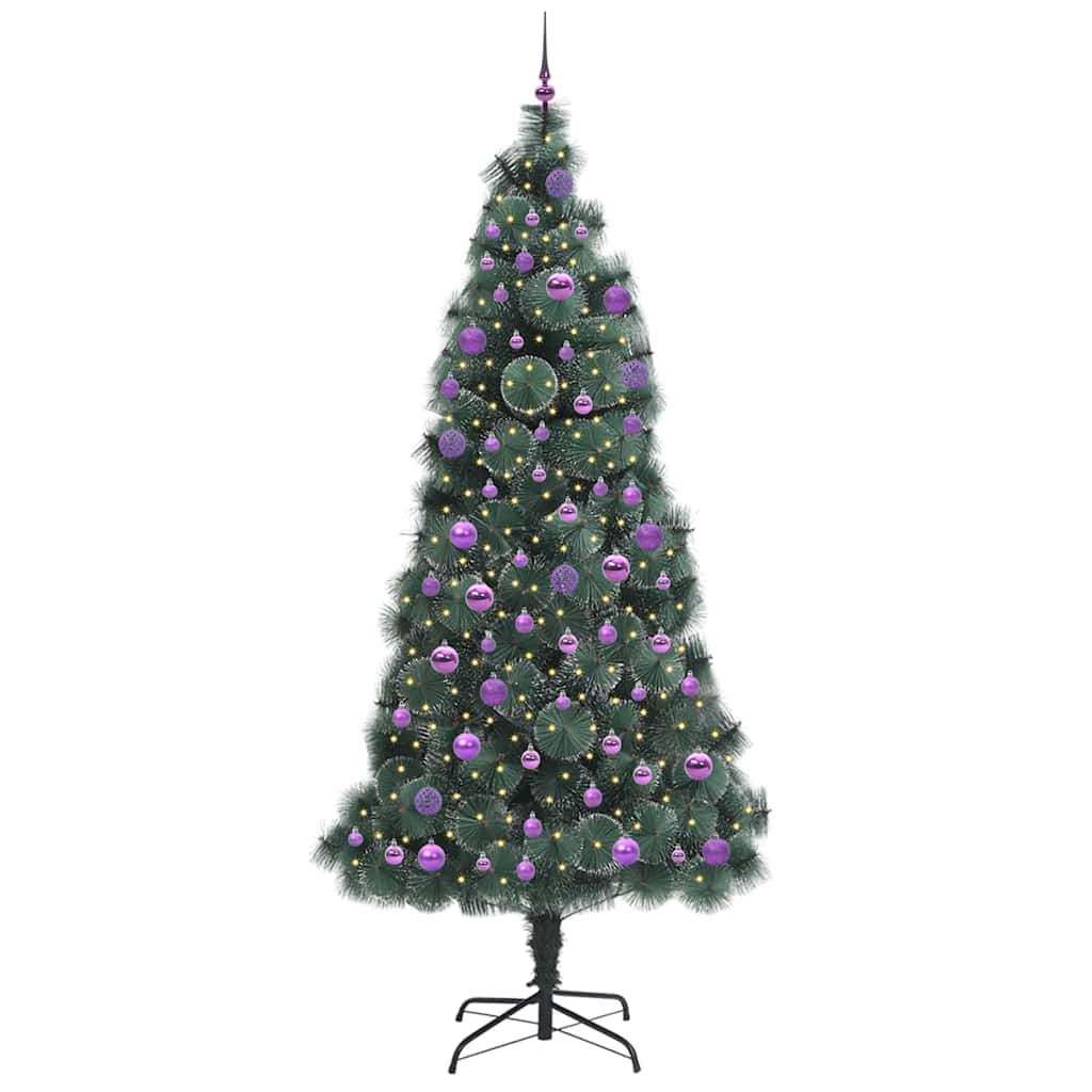 Műfenyő LED világítással, gömbökkel 300 LED-del Zöld 240 cm PET