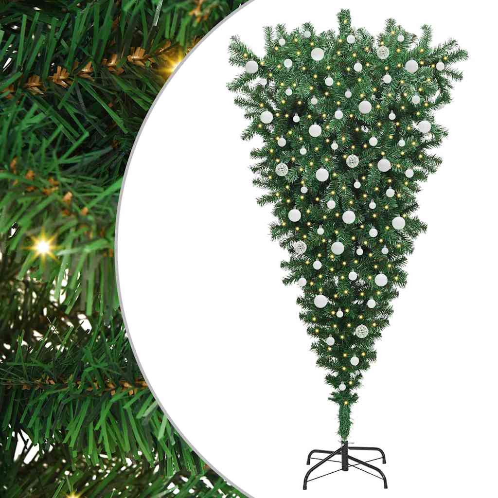 Függőlegesen álló műfenyő izzósorral és golyószettel 210 cm PVC