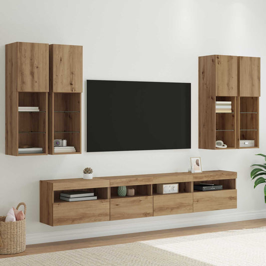 TV Fali Szekrény Szett LED Fényekkel 7 pcs kézműves tölgy