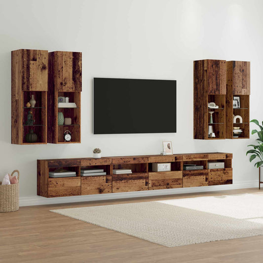 TV falit kabinet szett LED -es lámpákkal 7 pcs Öreg fa Faanyag