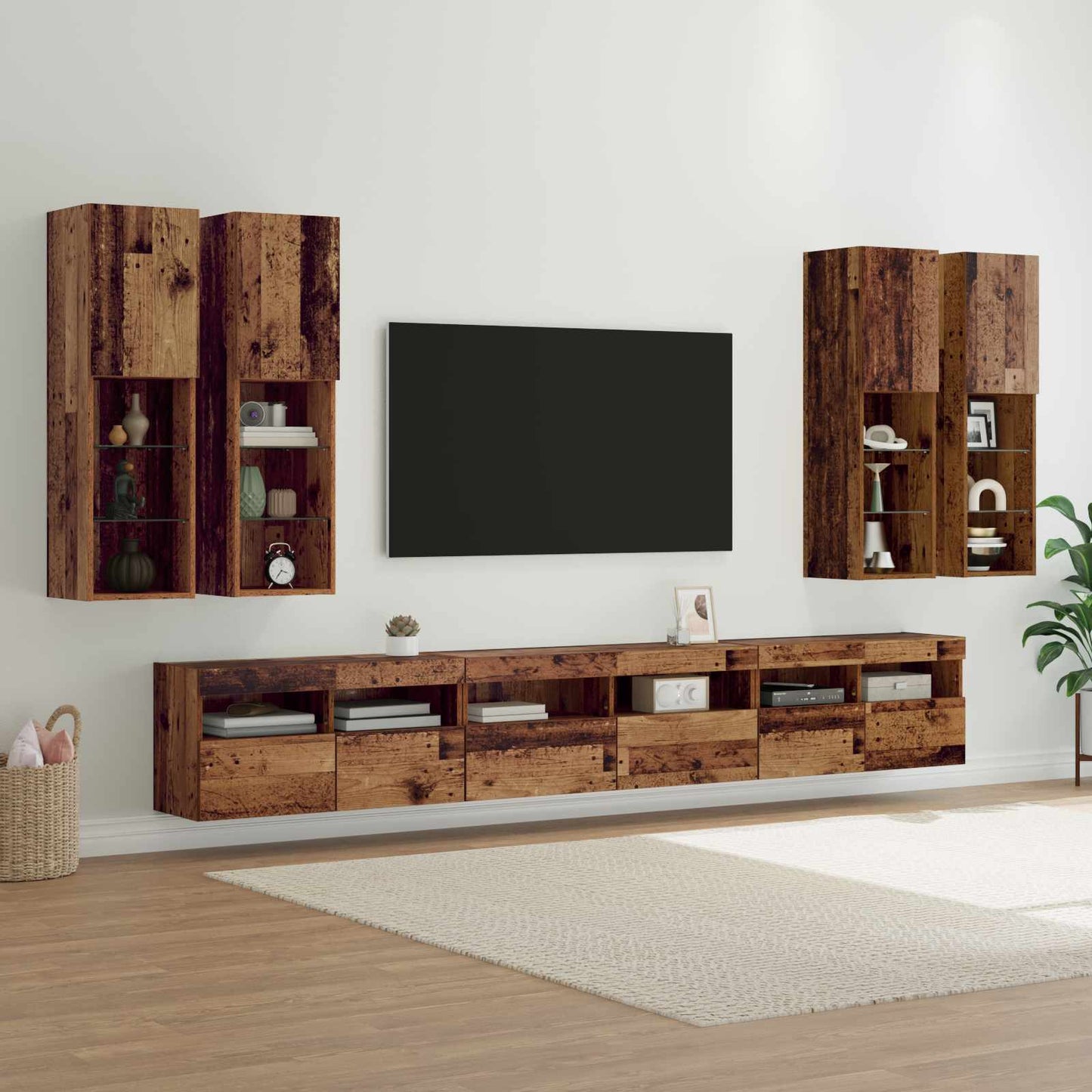 TV falit kabinet szett LED -es lámpákkal 7 pcs Öreg fa Faanyag