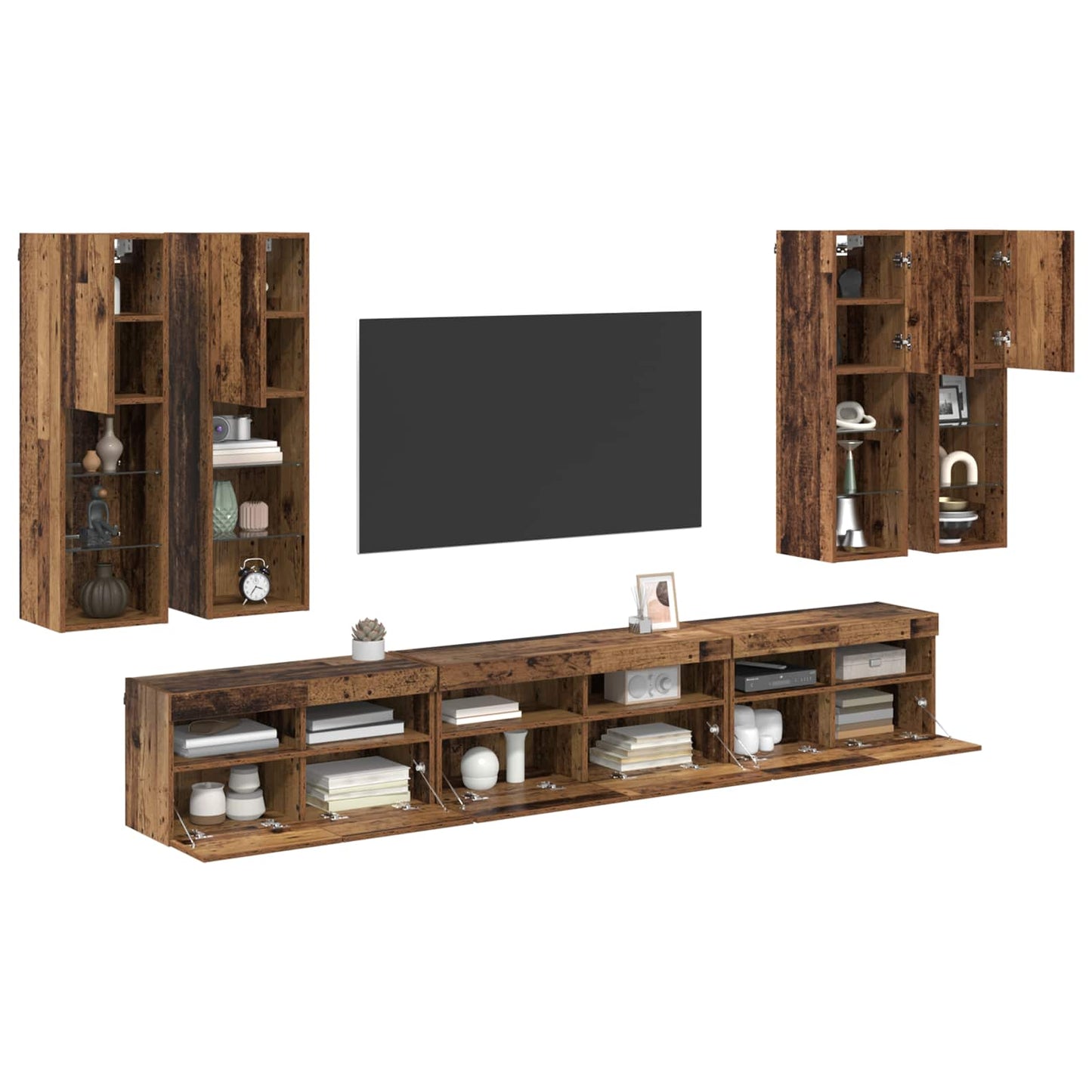 TV falit kabinet szett LED -es lámpákkal 7 pcs Öreg fa Faanyag