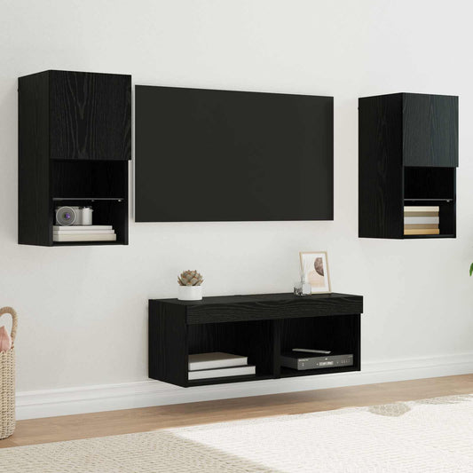 TV Fali Szekrények LED -es lámpákkal 4 pcs Fekete tölgy Faanyag