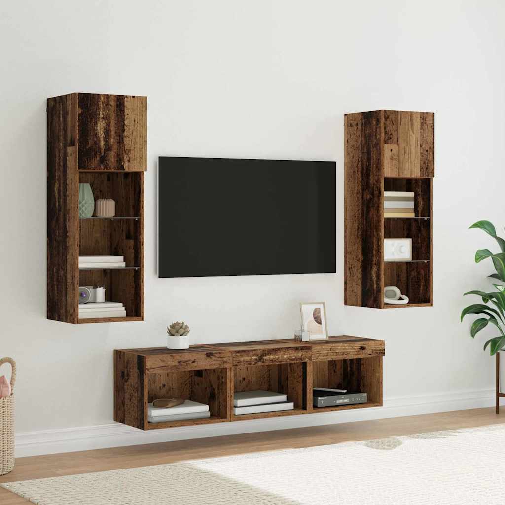 TV Fali Egységek LED -es lámpákkal 5 pcs Fekete tölgy Faanyag