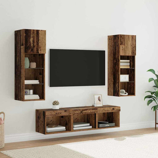 TV Fali Egységek LED -es lámpákkal 5 pcs Fekete tölgy Faanyag