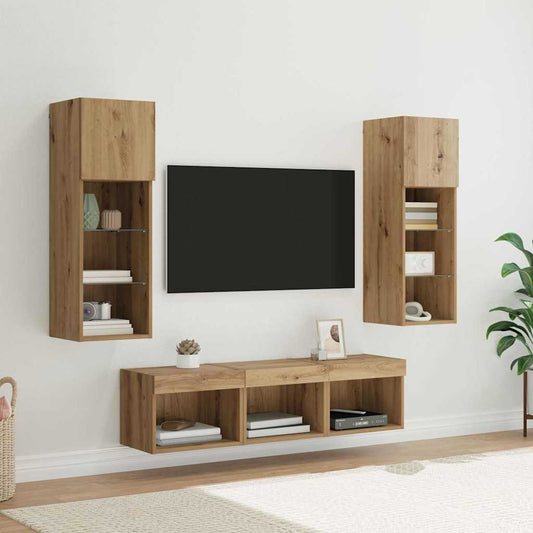 TV Fali Egységek LED -es lámpákkal 5 pcs Fekete tölgy Faanyag