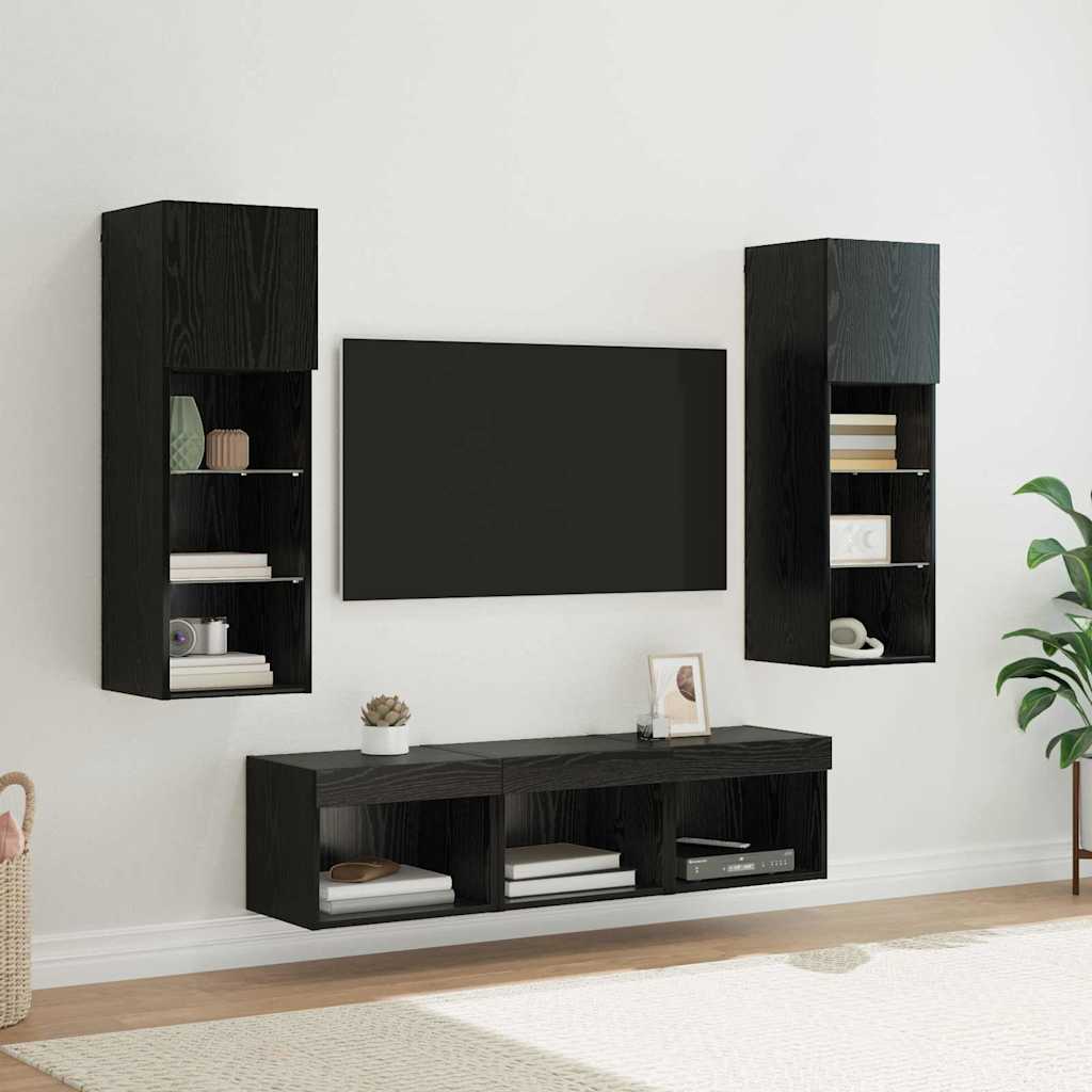 TV Fali Egységek LED -es lámpákkal 5 pcs Fekete tölgy Faanyag
