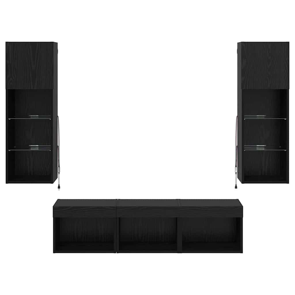 TV Fali Egységek LED -es lámpákkal 5 pcs Fekete tölgy Faanyag